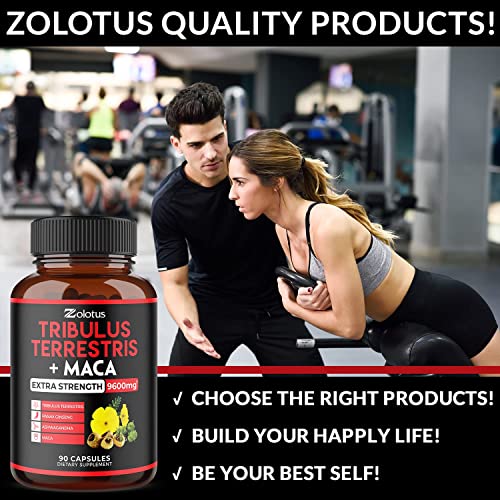 Zolotus Premium Tribulus Terrestris Capsules - 9600mg Per Serving - Combined with Ashwagandha, Panax Ginseng & Maca - Boost Energy, Mood, Stamina & Immune - 90 Counts for 3 Months