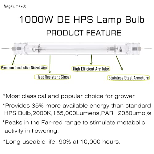 Vegelumax 1000Watt Double Ended High Pressure Sodium Super DE HPS Grow Light Bulb,High PAR Enhanced Red and Orange Optimized Spectrum for Plant Flourishing Growth,CCT 2000K,150000 Lumens,1Pack