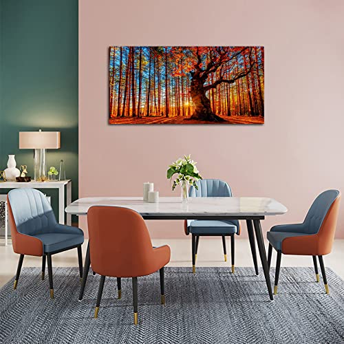 Large Forest Wall Art Forest Sunset Canvas Pictures Red Leaf Trees Landscape Canvas Artwork Contemporary Nature Picture for Living Room Bedroom Home Office Wall Decor Framed Ready to Hang 20" x 40"