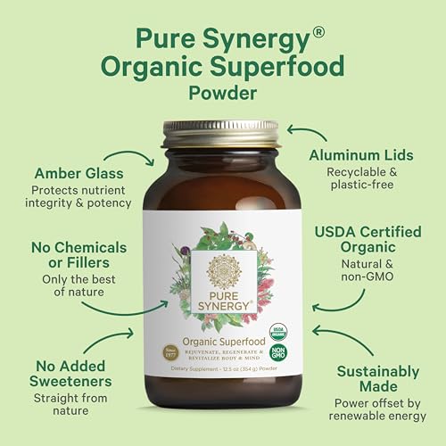 PURE SYNERGY Organic Superfood Powder | Green Superfood Powder | Whole Food Supplement with Organic Greens, Spirulina and Mushrooms | for Energy, Healthy Aging, and Immune Health (12.5 oz)