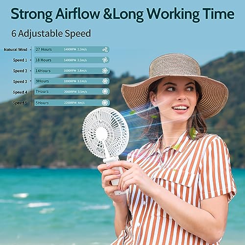 HandFan 6 Inch Handheld Fan 4400mAh Battery Operated Fan 6 Settings Personal Desktop Fan with 5-34H Working Time Removable Base Strong Airflow (A-White)