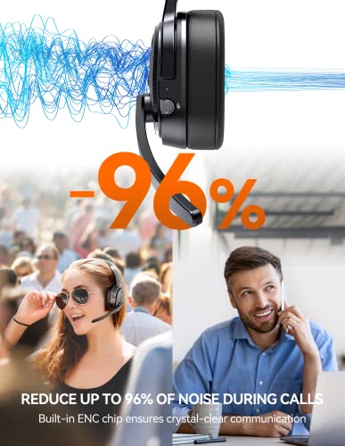 TECKNET Trucker Bluetooth Headset, AI Noise Canceling 70h Wireless Headphones Bluetooth with Microphone, ENC Bluetooth Headset with Mute for PC Phone Laptop Office Home, All Day Comfort