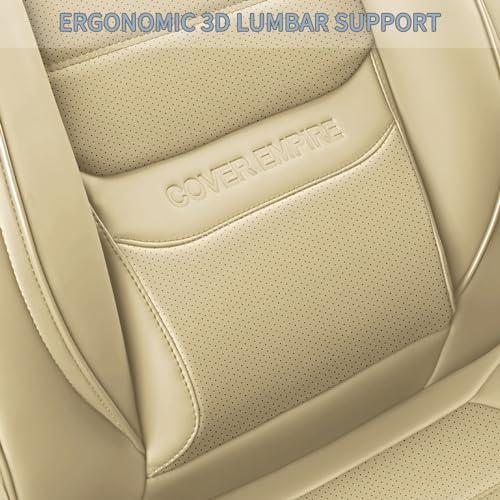 COVER EMPIRE Car Seat Covers Front Seats, Universal Leather Seat Covers for Cars, Waterproof Automotive Seat Covers for Trucks SUVs Sedans, Full Coverage Vehicle Seat Covers with Lumbar Support, Beige