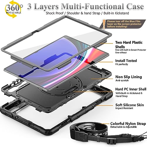 SEYMAC stock for Samsung Galaxy Tab S9 Ultra/ S8 Ultra Tablet Case 14.6'' with Screen Protector Pencil Holder [360 Rotating Hand Strap] &Stand, Case for Galaxy Tab S9 Ultra/ S8 Ultra 14.6'', Black1