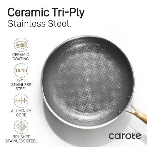 CAROTE Tri-Ply Stainless Steel Cookware Set, 9 Pcs Stainless Steel Pots and Pans Set with Tempered Glass Lids, Stay-Cool Golden Handles, Dishwasher and Oven Safe, California Collection, Cream White