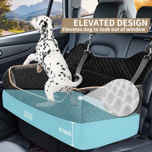 Dog Car Seat for Large/Medium Dog - Memory Foam Dog Booster Seat for Dogs Under 55Lbs or 2 Small Dogs-Detachable and Washable Travel Bed Dog Seat with Thick Cushion and Storage Pockets-Black