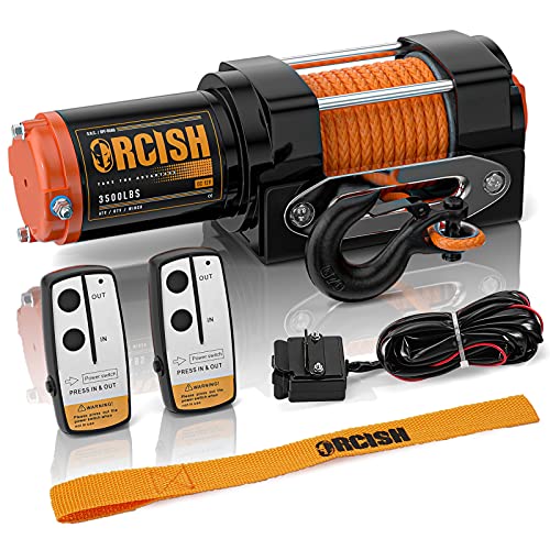 ORCISH 12V 3500LBS Waterproof Electric Winch, Synthetic Rope ATV/UTV/Truck Winch Kit for Towing, Off Road Portable Trailer Winch with Both Wireless Handheld Remote and Corded Control Recovery