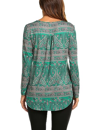 Halife Women's Long Sleeve V Neck Tops Paisley Printed Casual Tunic Blouses Loose Fall Shirts Dark Green M