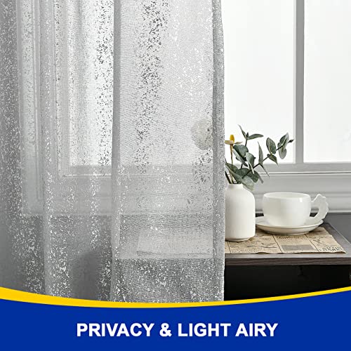 Silver White Sheer Curtains for Bedroom - Metallic Silver Foil Sparkle Sheer Curtains 63 Inch Length, Grommet Sparkle Curtain Panels for Window, 52 x 63 Inch, 2 Panels, Silver White