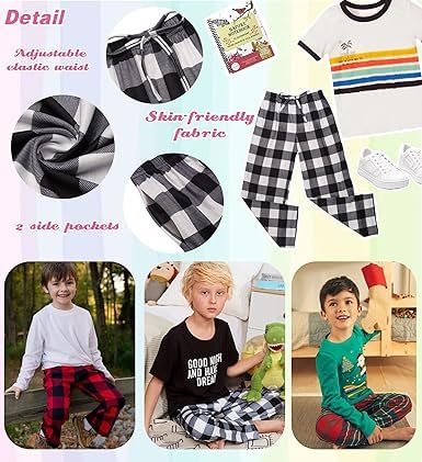 Ekouaer Boys Pajama Pants Long Sleep Pants Soft Elastic Waist Pajama Bottoms Plaid Lounge Pants with 2 Pockets