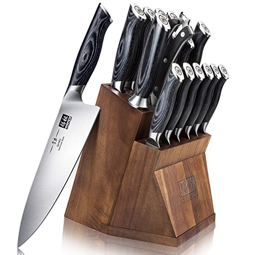 Knife Sets for Kitchen with Block, SHAN ZU Knife Block Set, Japanese Super Steel Kitchen Knife Sets with Removable Block & K133 Ergonomic Handle, Black Tortoise Genbu Series