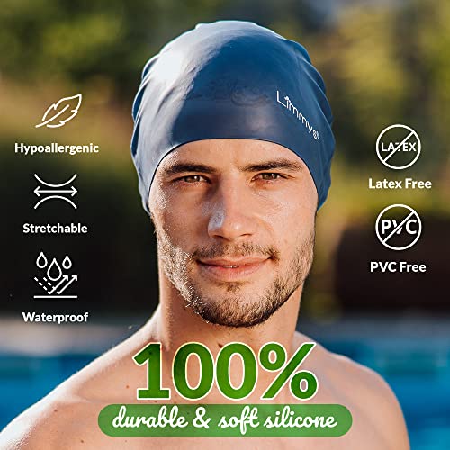 Limmys Men’s Women’s Unisex Swimming Cap - 100% Silicone Ladies Swim Caps - Premium Quality, Stretchable and Comfortable Swimming Hats - Available in Different Attractive Color (Blue)