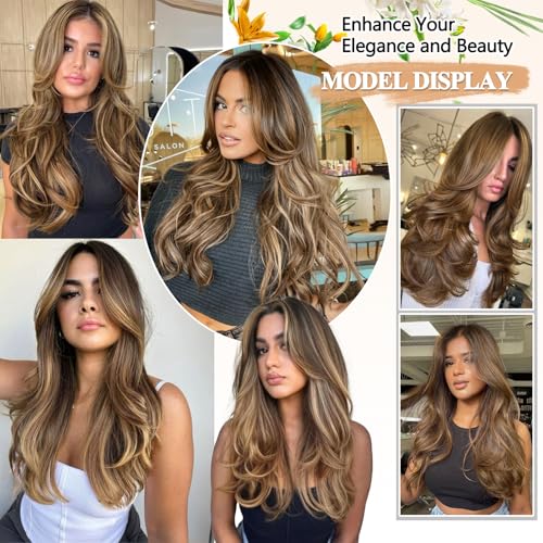 FREEMEIGE Clip in Long Wavy Synthetic Hair Extension 20 Inch Medium Brown 4PCS Thick Hairpieces Fiber Double Weft Hair for Women