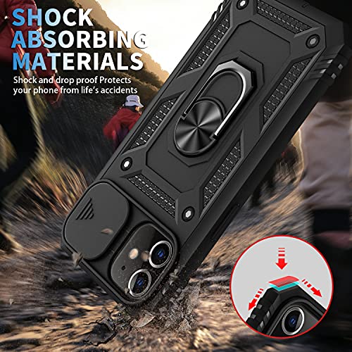 PASNEW for iPhone 11 Case with Camera Cover,Magnetic Ring Kickstand & Charge Port Dustproof,Military Full Body Rugged Shockproof Protective Hard Shell for iPhone 11,6.1 inch,Black