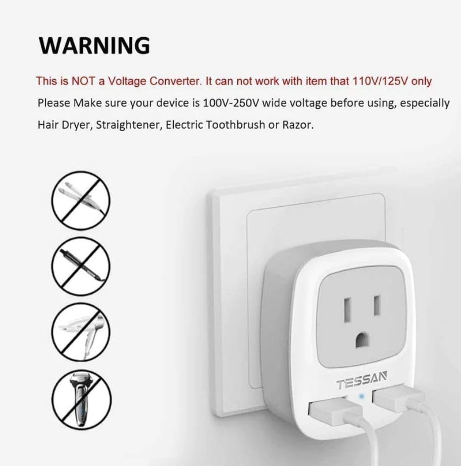 TESSAN European Travel Plug Adapter, Europe Power Plug with 2 USB Ports, Type C Outlet Adaptor Charger for US to Most of Europe EU Iceland Spain Italy France Germany