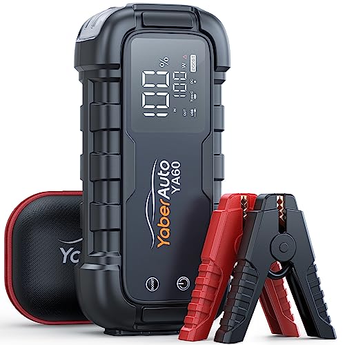 YaberAuto Car Battery Jump Starter 6000A Jump Box 45W Fast Charging (All Gas/12.0L Diesel) Portable Car Jump Starter Battery Pack, Car Battery Jumper with Extended Jumper Cables, 600 Lumens Light