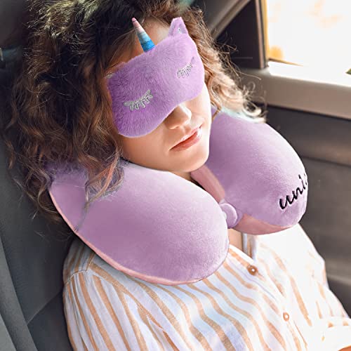 urnexttour Travel Neck Pillow for Kids, Best Unicorn Gifts for Girls with Drawstring Backpack/Necklace/Sleep Mask &Earplugs, Travelling Pillow Set for Airplane, Car, Train, Bus and Home Use (Pink)