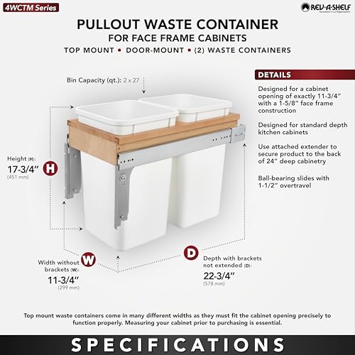Rev-A-Shelf Double Pullout Trash Can for Under Kitchen Cabinets 27 Quart 8.75 Gallon, Top Mount 11.75 Inch Wide, White, 4WCTM-15DM2-162
