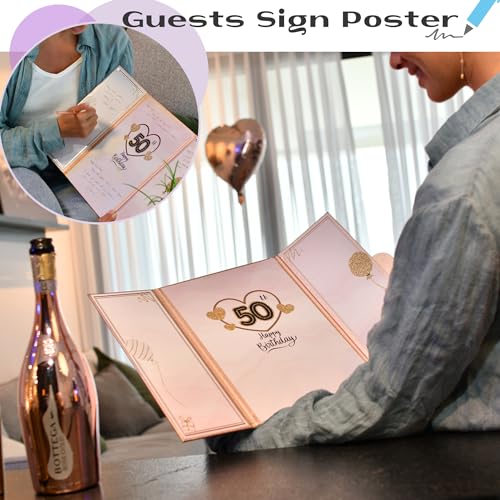 DOUBLESHOOT 50th Birthday Guest Book Rose Gold Party Decorations for Women 12"x18" - 50 Years Guest Book Sign in Poster Card - Fifty Party Keepsake, Gift, Signature Board - Pen Not Included