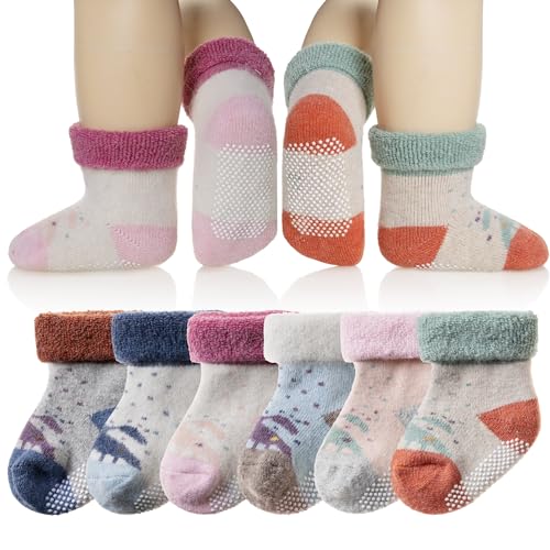 Eyean Baby Wool Grip Sock Soft Winter Warm Thick Non Slip Toddler Boy Girls Crew Socks For Children 6 Pairs (Stripe-C, 1-3 Years)