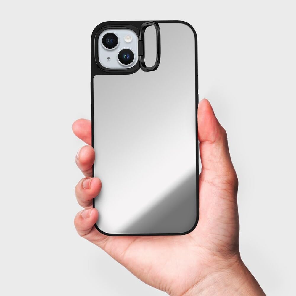 CASETiFY Mirror Ring Stand Case for iPhone 15 [3X Military Grade Drop Tested / 6.6ft Drop Protection/Compatible with Magsafe] - Silver on Black