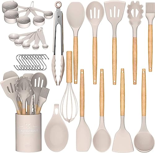 Umite Chef Kitchen Cooking Utensils Set, 33 pcs Non-Stick Silicone Cooking Kitchen Utensils Spatula Set with Holder, Wooden Handle Silicone Kitchen Gadgets Utensil Set (Khaki)