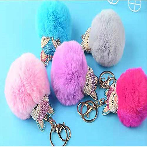 LXSSLY Blue Fox Keychain,Rabbit Fur Ball Pom Pom Crystal Keychain,Diamond Keychain,Rhinestone Car Keychains for Women Girl