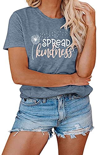 Spread Kindness T Shirt for Women Summer Dandelion Graphic Tees Casual Funny Sayings Letter Printed Cute Shirts Tops-Blue S