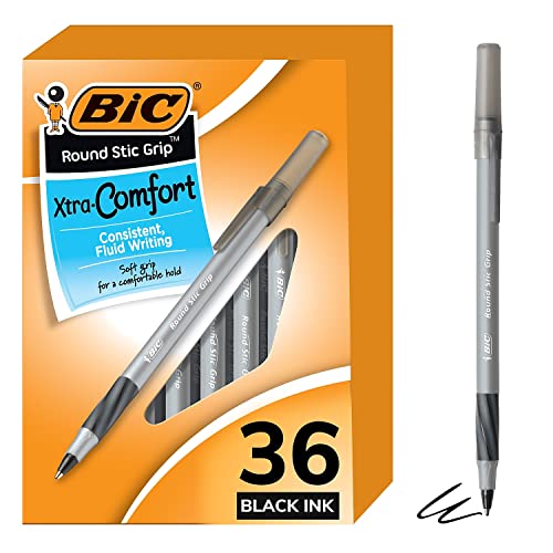 BIC Round Stic Grip Xtra Comfort Black Ballpoint Pens, Medium Point (1.2mm), 36-Count Pack, Perfect Writing Pens With Soft Grip for Superb Comfort and Control