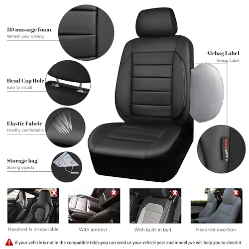 CAR PASS Leather Car Seat Covers Front Seats Only, 3D Foam Support Car Seat Covers, Universal fit for Trucks Vans SUVs Sedans Automotive Comfortable, Airbag Compatible 2 Pieces Front Solid Black