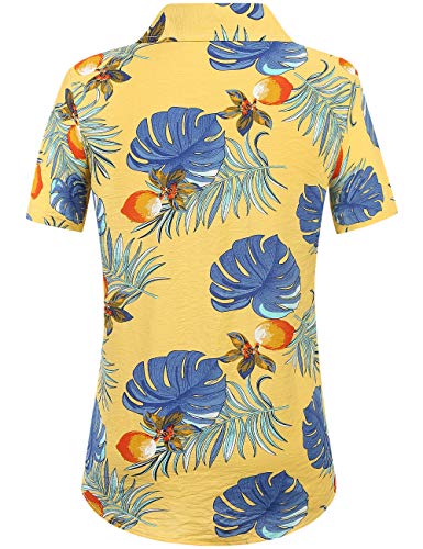 SSLR Womens Hawaiian Shirts Floral Short Sleeve Blouses Button Up Shirts for Women (X-Small, Yellow)