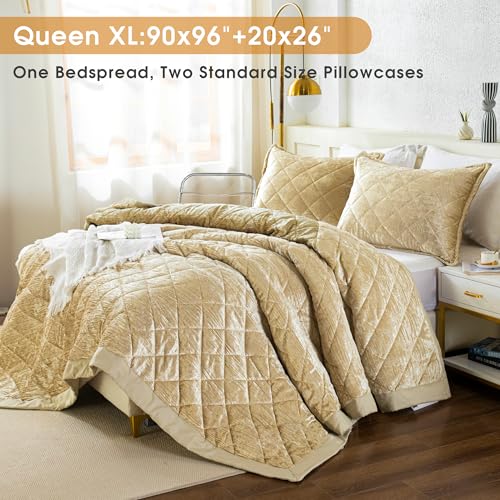 LUCKYBULL Camel Korean Velvet Quilt Set Queen XL Size (90x96 inch), 3 Pieces Luxury Textured Soft Bedspread with 2 Pillowcases, Reversible Coverlet Set for All Season