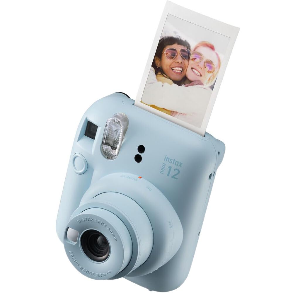 Fujifilm INSTAX MINI 12 Instant Film Holiday Camera Bundle (Pastel Blue) with Instax Mini Film (10 exposures) + Four AA Batteries & Cleaning Cloth (9 Items)