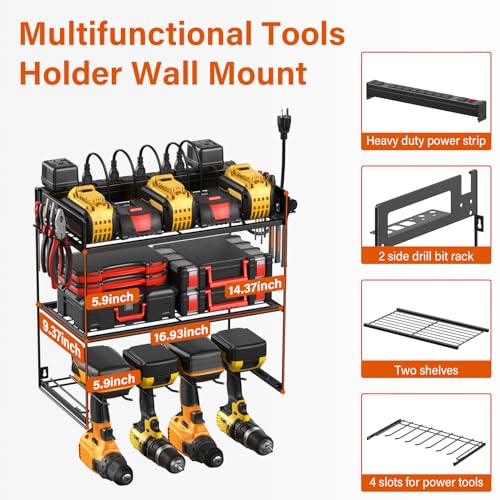 JUNNUJ Large Power Tool Organizer with 10 Outlet Power Strip, 3 Layer Wall Mount Drill Holder with Charging Station, 8 Drills Storage Shelf Shop Garage Utility Rack, Black