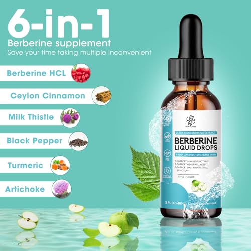 Berberine HCL 1200mg, 6-in-1 Berberine Complex Liquid drop for Cardiovascular Care & Body Management, Berberine with Ceylon Cinnamon, Antioxidant & Heart Health Support, Apple Flavor, 2 Fl Oz