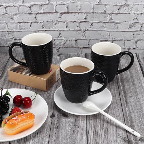 Hoikwo Porcelain Coffee Mugs Set of 6 with Individual Texture, Modern Simple Black Cups, Elegant and Stylish 12 OZ Comfortable Ceramic Coffee Tea Milk Coco Mug, Microwave and Dishwasher Safe