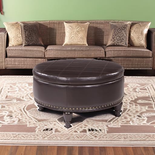 INSPIRED by Bassett OSP Home Furnishings Augusta Round Storage Ottoman with Decorative Nailheads and Flip Over Lid with Serving Tray Surface, Crimson Red Faux Leather