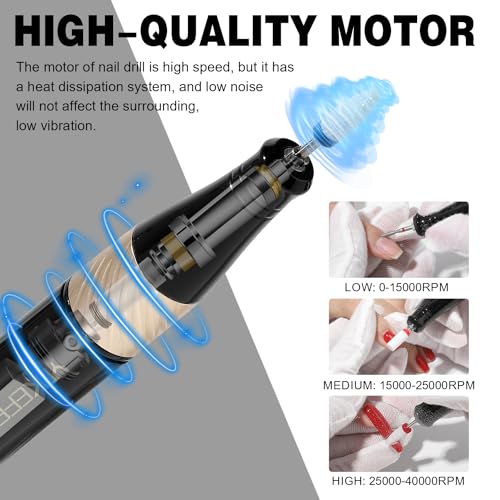 YOKE FELLOW Nail Drill Professional - Electric Nail Drill Machine for Acrylic Nail Kit with Nail Dust Brush for Manicure Pedicure 40000RPM Rechargeable Nail Drill Gift Set for Women