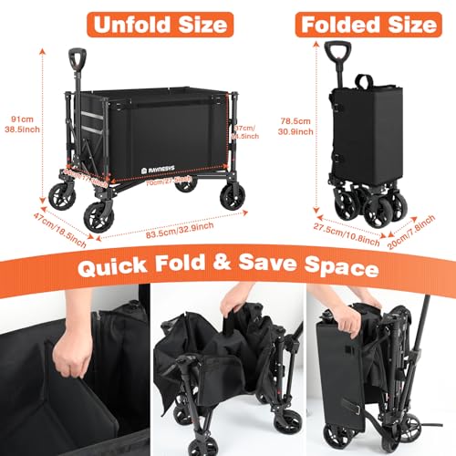 Raynesys 3 in 1 Collapsible Wagon Converts to Bench, 220lbs Foldable Wagon Cart with Wheels, 120L Shopping Cart for Groceries Folding Utility Wagon for Beach, Garden, Camping, Sport, Black