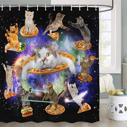 Emwnodti Cute Funny Cat Shower Curtain for Kids, Cool Fun Cute Cats Starry Sky Nebula Galaxy for Kid Bathroom Decor, Polyester Waterproof Durable Bathroom Accessory Set with 12 Hooks 72x72 inch
