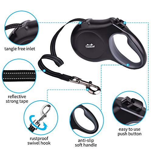 TwoEar Retractable Dog Leash with Dispenser and Poop Bags, 10 ft Heavy Duty Pet Walking Leash for X-Small/Small Breed up to 18 lbs, Strong Reflective Nylon Tape with Anti-Slip Handle