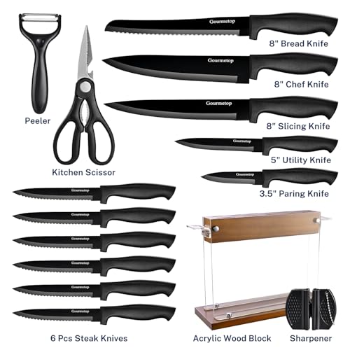 Gourmetop Kitchen Knife Set with Block 15 pcs, Kitchen Knife Block Set with Wood Acrylic Stand, Sharp Knife Set with Sharpener, Scissors, and Peeler, Black Cooking Knives Set for Kitchen Cutting