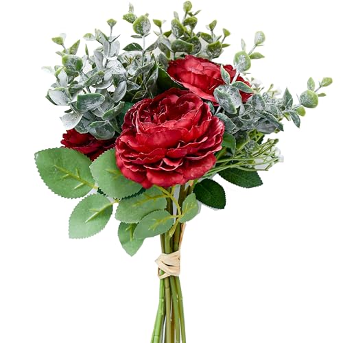 Mandy's 9pcs Burgundy Artificial Silk Fake Fall Flowers Arrangements Peony Bouquet for Mother's Day Easter Wedding Bridal Shower Centerpieces Party Home Decor