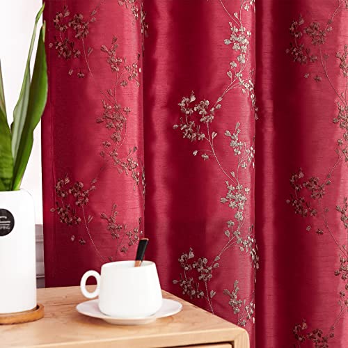 jinchan Floral Curtains Embroidered Curtains for Living Room 63 Inch Length Faux Silk Curtains Burgundy Red Flower Patterned Drapes Light Filtering Curtains Window Curtain Set 2 Panels