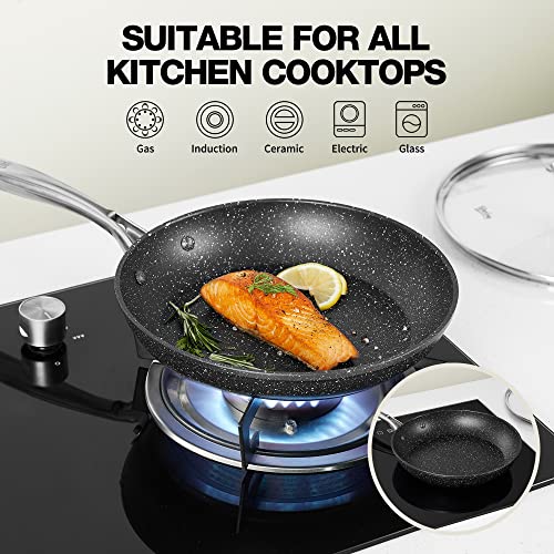 HLAFRG 10 Inch Nonstick Frying Pan with Lid,Black Marble Cookware, Stone-Derived Coating, Non Toxic APEO & PFOA Free, with Heat-Resistant Handle,Oven Safe and Suitable for All Stove