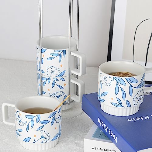 ZEBERBO Porcelain Espresso Cups with Metal Stand, 11 Ounce Stackable Ceramic Demitasse Espresso Mugs Cups Set of 4, Marble Cups for Latte Coffee Cafe Mocha Tea