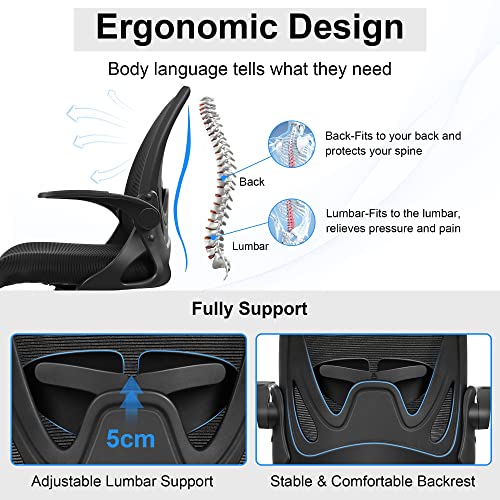 Primy Office Chair Ergonomic Desk Chair with Flip up Armrests Swivel Breathable Desk Mesh Computer Chair with Adjustable Lumbar Support and Height for Conference Room (Black)