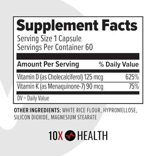 10X Health Vitamin D3 K2 - Loaded with 125 mcg Vitamin D and 90 mcg Vitamin K (Menaquinone 7) - D3 and K2 Supplements That Support Bone Health, Heart and Teeth - 60 Capsules