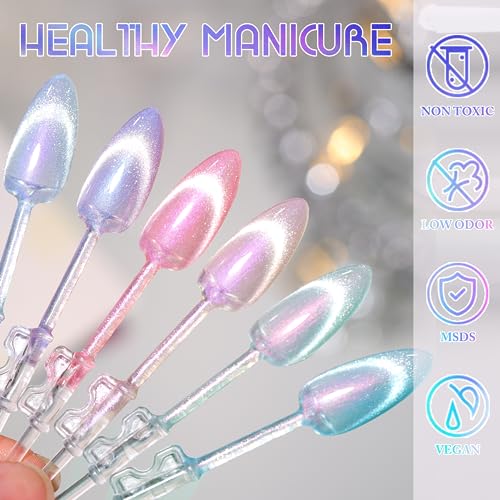 Double Rhythm Cat Eye Gel Nail Polish Set of 6 Colors Shimmer Glitter with Magnet 9D Holographic Reflective Magnetic Nail Polish (Purple Orange Blue Green Pink-Kit 33)