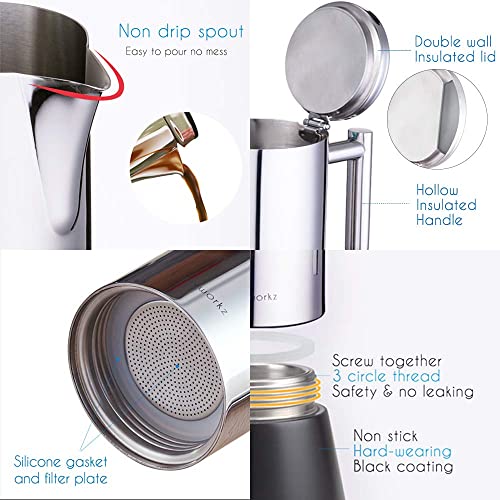 Easyworkz Diego Stovetop Espresso Maker Stainless Steel Italian Coffee Machine Maker 4Cup 6.8 oz Induction Moka Pot